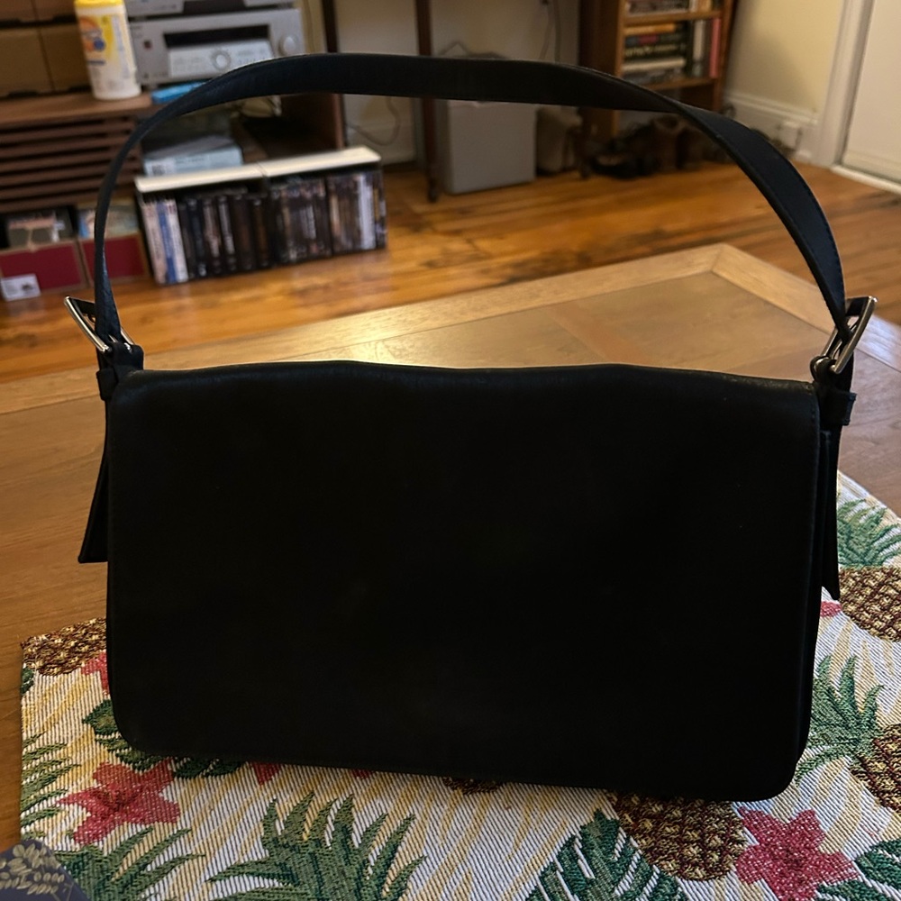 Black Structured Shoulder Bag with Curved Handle